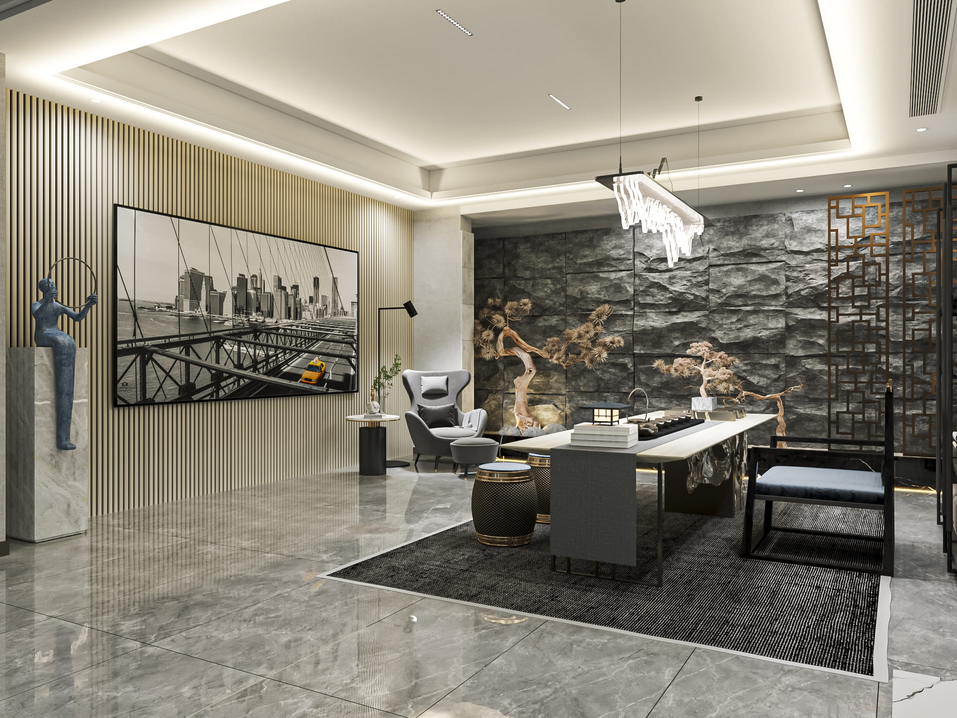 МДФ стеновая панель акустическая Cosca Decor Сканди Ясень Кристалл черный войлок 1200×600×19 фото в интерьере